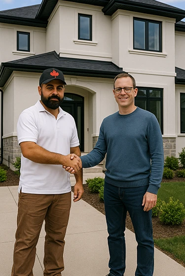 Venix Stucco co-founder shaking hands with a satisfied homeowner in front of a modern Canadian home featuring premium stucco and stone exterior finishes.